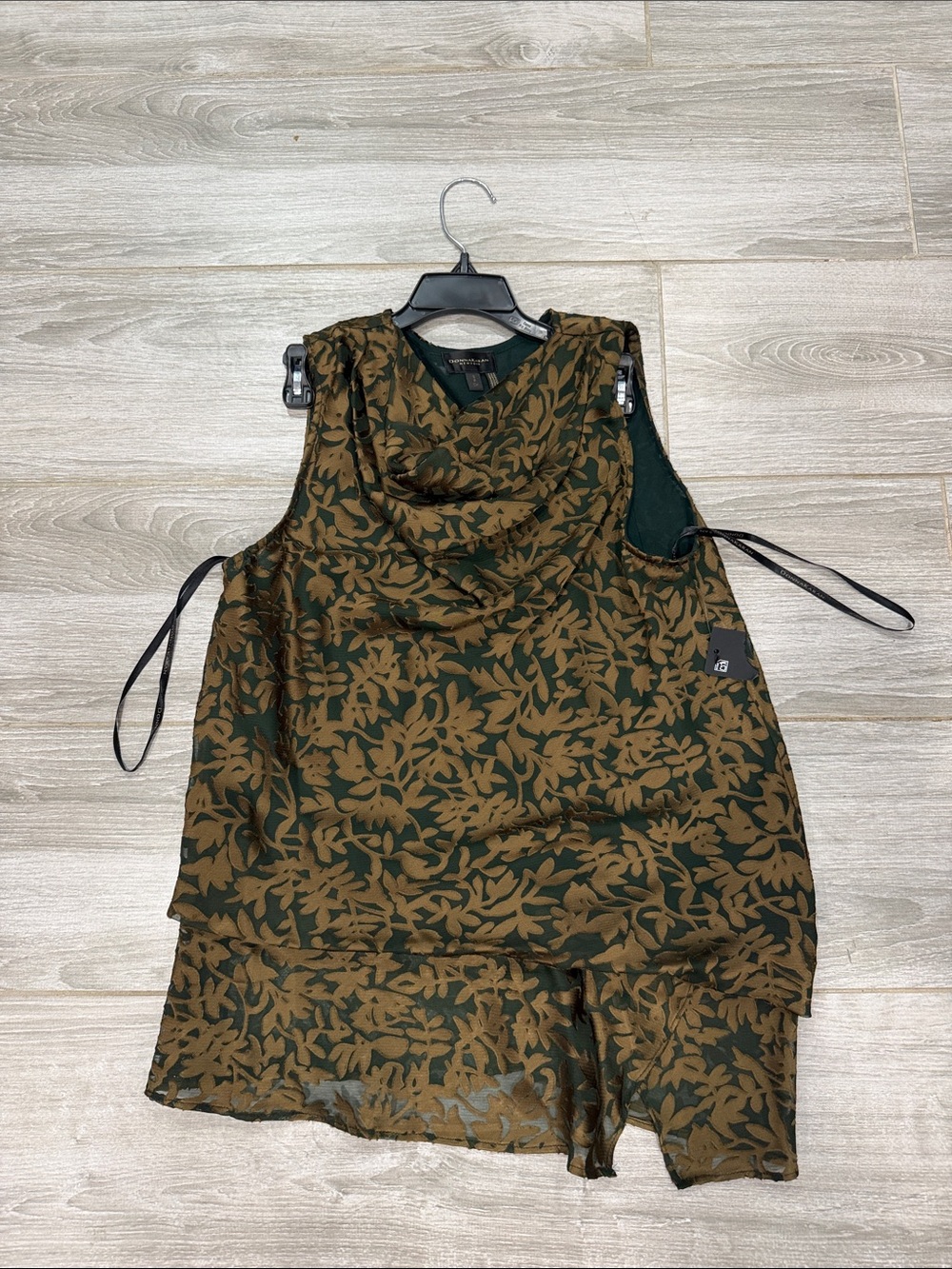 Donna Karan Sleeveless Green & Brown Leaf-Print Draped Neck Top S
